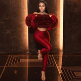 Autumn Winter Women off Shoulder Furry Stitching Sexy Cropped Long Sleeve Jumpsuit Women