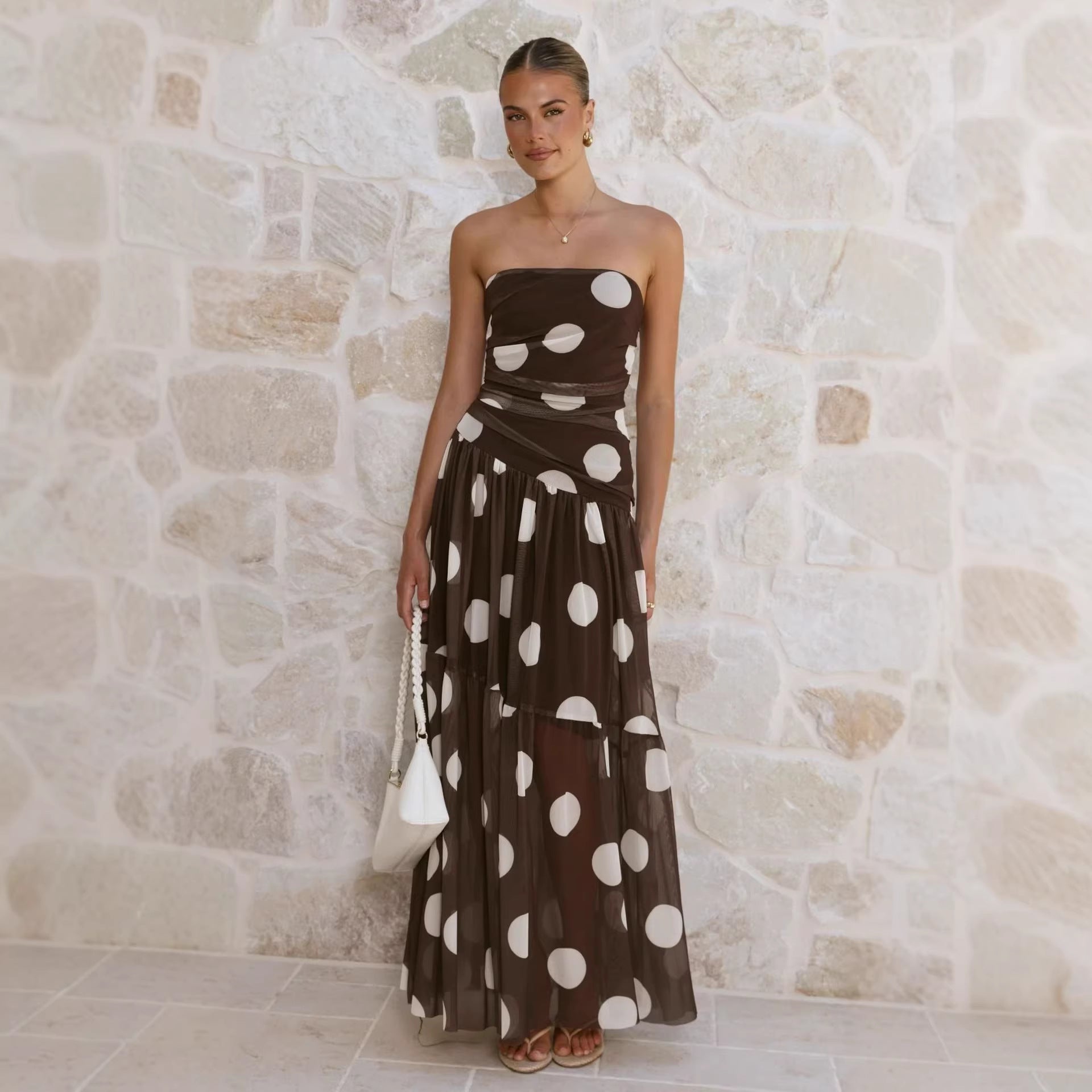 Goods Summer Polka Dot Print Wrapped Chest off Shoulder Mesh Maxi Dress