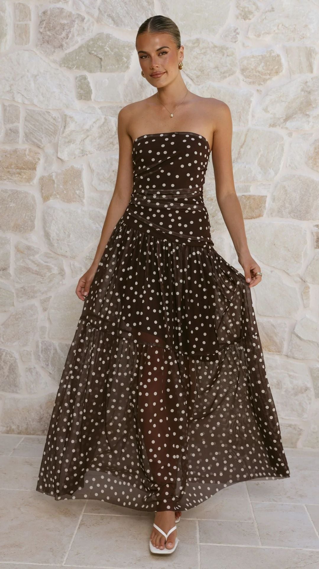 Goods Summer Polka Dot Print Wrapped Chest off Shoulder Mesh Maxi Dress