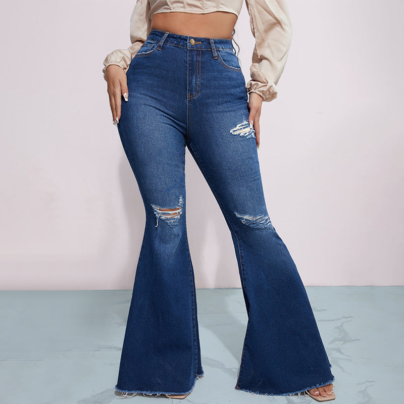 Jeans Arrival High Waist Stretch Flared Pants Hip Lifting Denim Trousers Women Ripped Denim